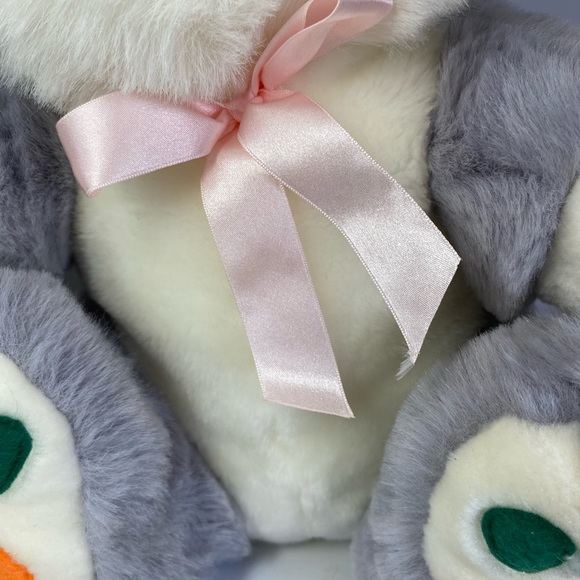 Grey and White Easter bunny rabbit. Plush with pink bow. - Picture 3 of 10